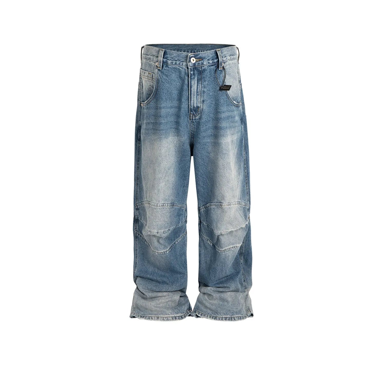 Men's washed white blue baggy jeans with pleated detailing and straight-leg style