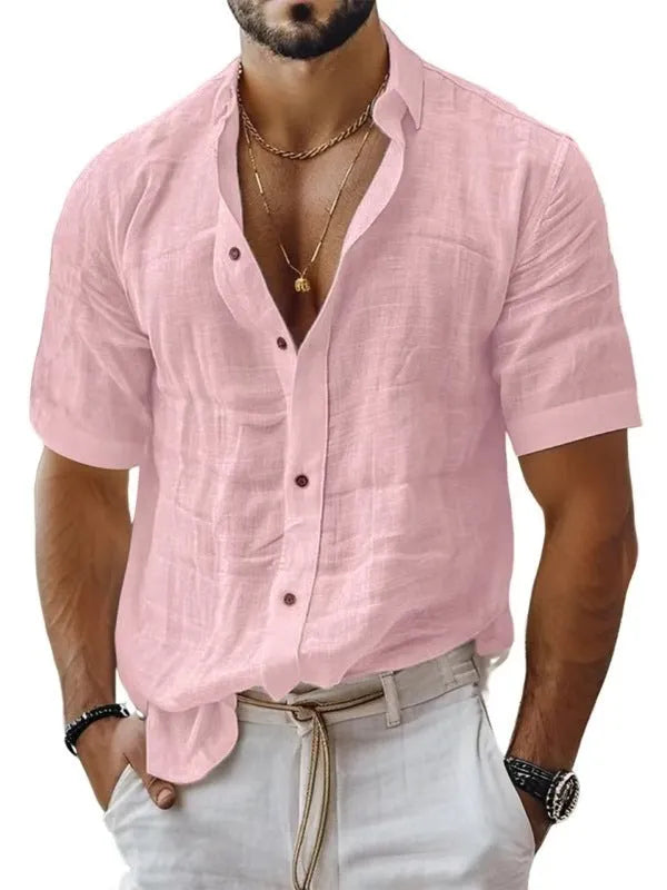 Men's short sleeve lapel shirt in blended cotton linen fabric shown in solid colour options