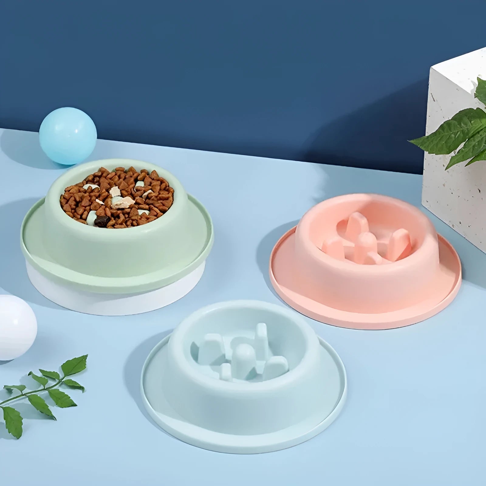 PP slow feeder pet bowl with raised partitions in blue colour showing non-slide base mats