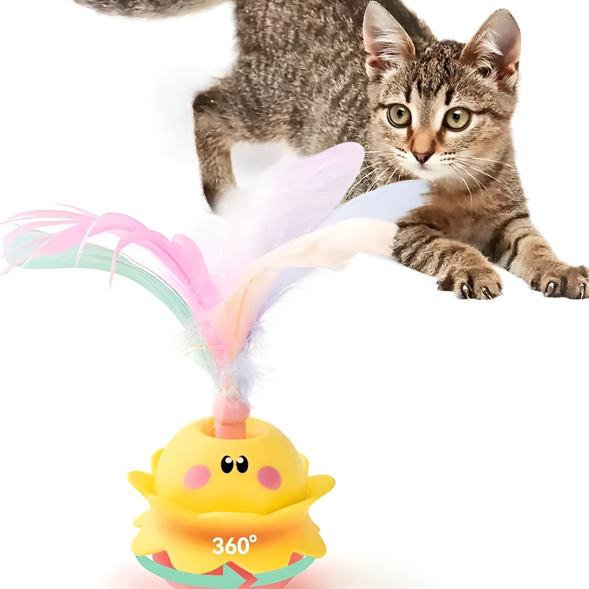 Pink interactive automatic cat feather toy with 360° rotation, LED lights, and detachable feathers for indoor cats.