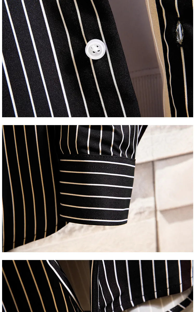 Men's casual striped polyester cardigan in slim fit with long sleeves and pointed collar, available in multiple colours and sizes M to 5XL