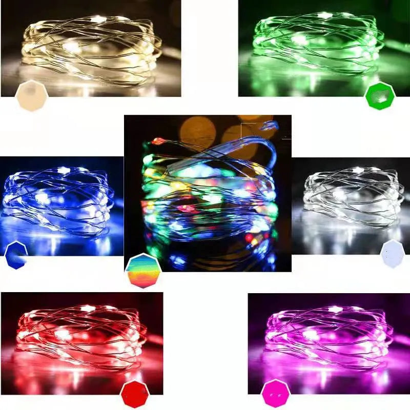 Copper wire string light with warm white LEDs wrapped around a wooden post
