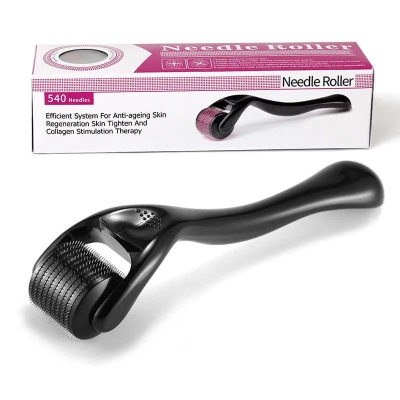 Black derma roller with titanium microneedles for face, beard, scalp and body skincare.