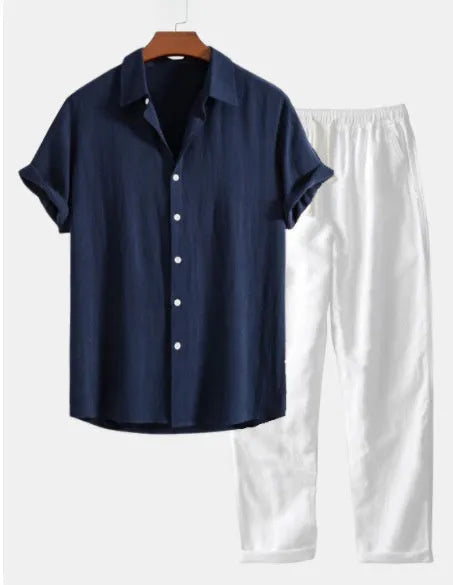 Casual loose-fit linen and cotton short sleeve suit set in navy blue, shown with included glasses shoes and watch.