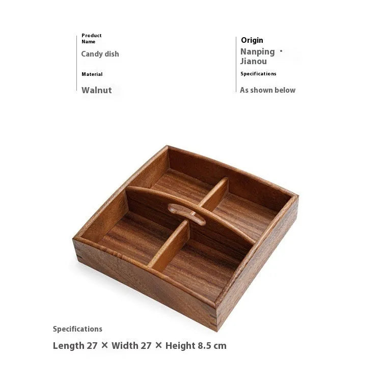 Solid wood snack candy tray in burlywood with grid options and cover for serving nuts and dried fruit