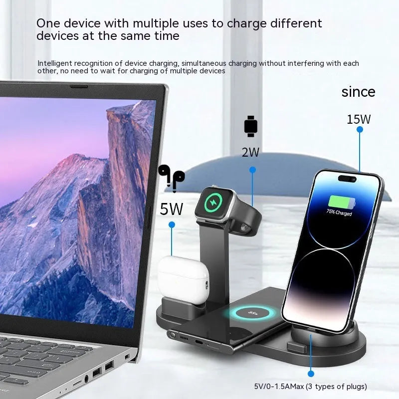 Upgraded three-in-one wireless charger and phone desk holder in black, rose gold, silver, or white.