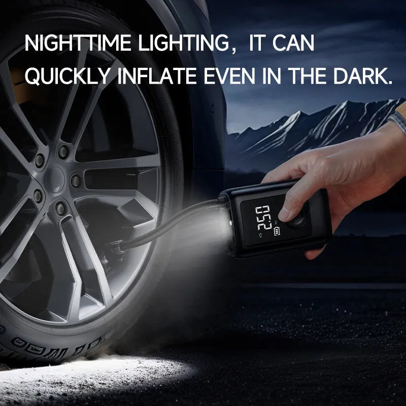 Portable 12V ABS car tyre inflator with LED light and built-in tire pressure gauge