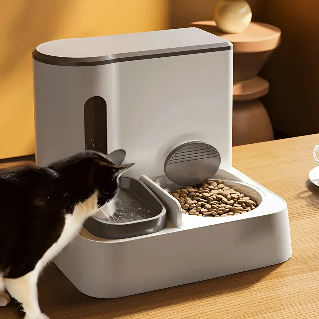 Automatic cat feeder with integrated water dispenser showing dual bowl design for food and water