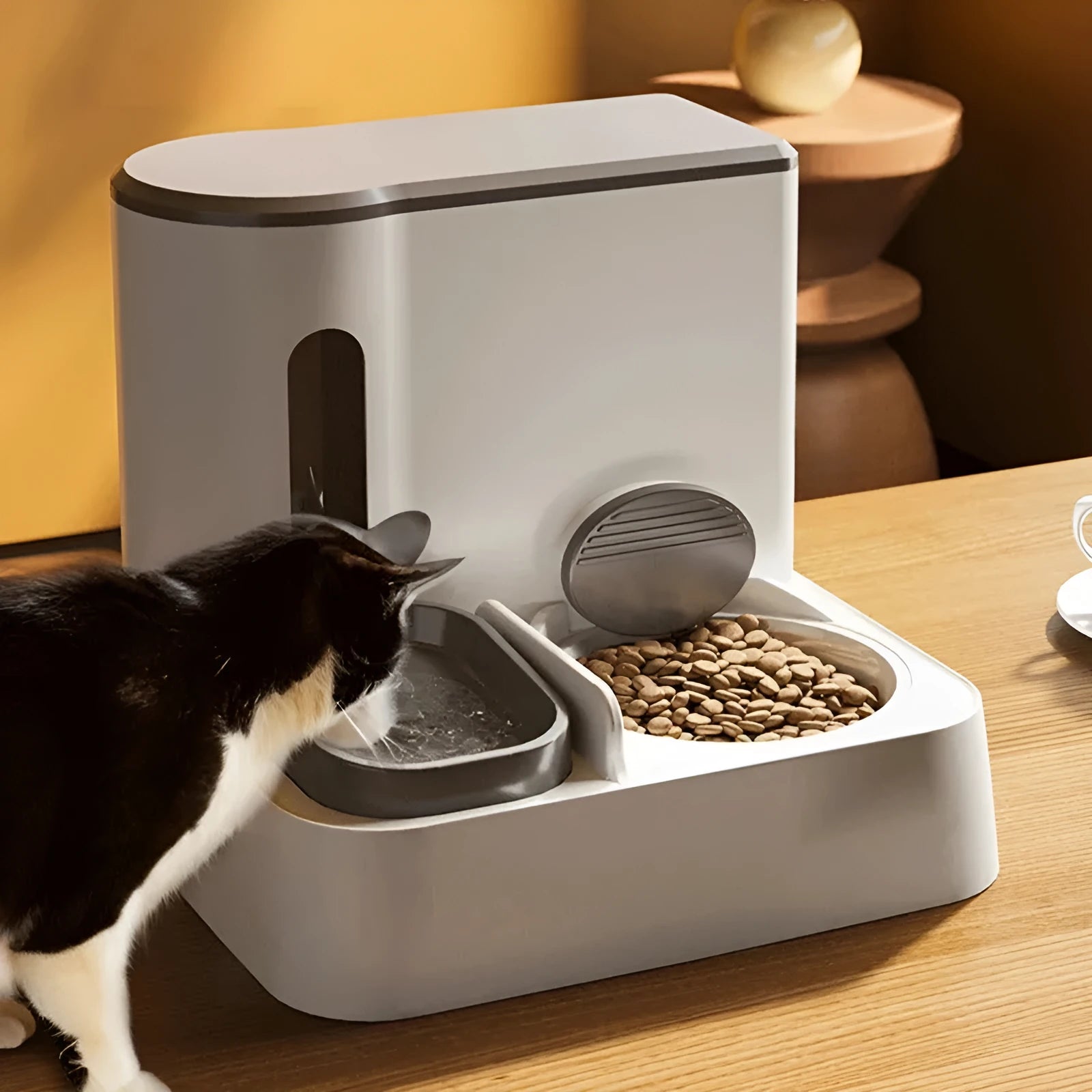 Automatic cat feeder with integrated water dispenser showing dual bowl design for food and water