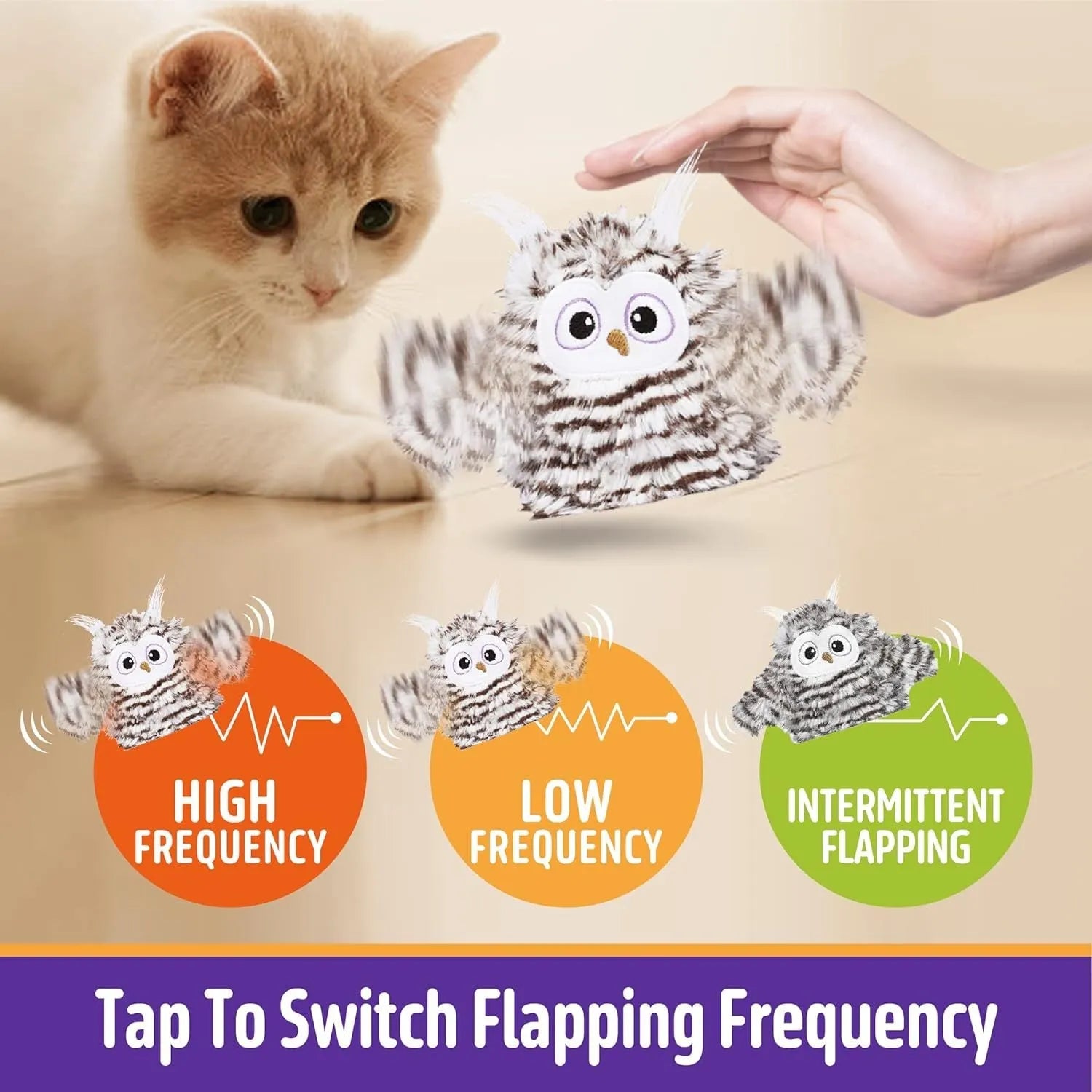 Grey automatic chirping owl cat toy with flapping wings on flat surface