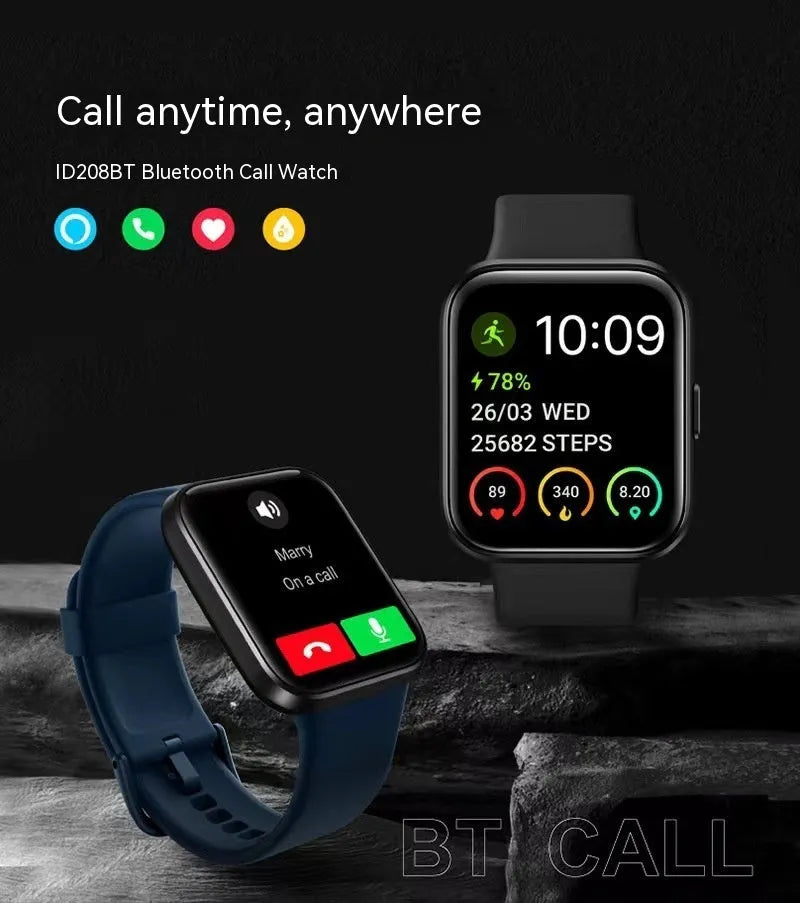Black smart watch with Bluetooth calling and health monitoring features on a wrist.