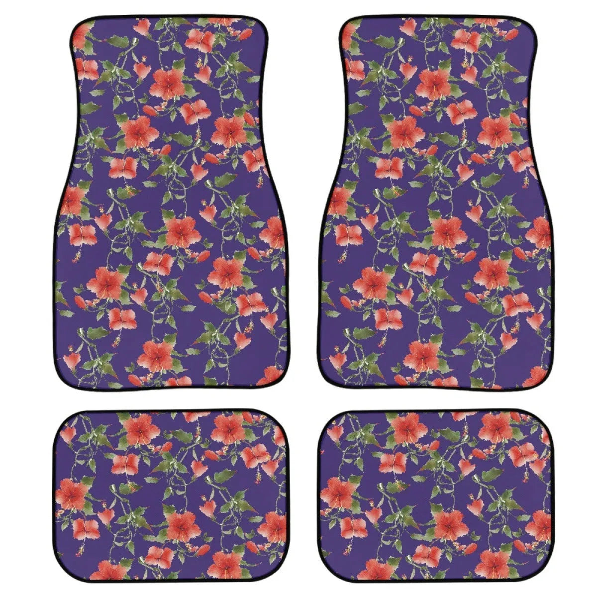 Black universal fit rubber car floor mats with textured surface and raised edges, shown in a vehicle footwell.
