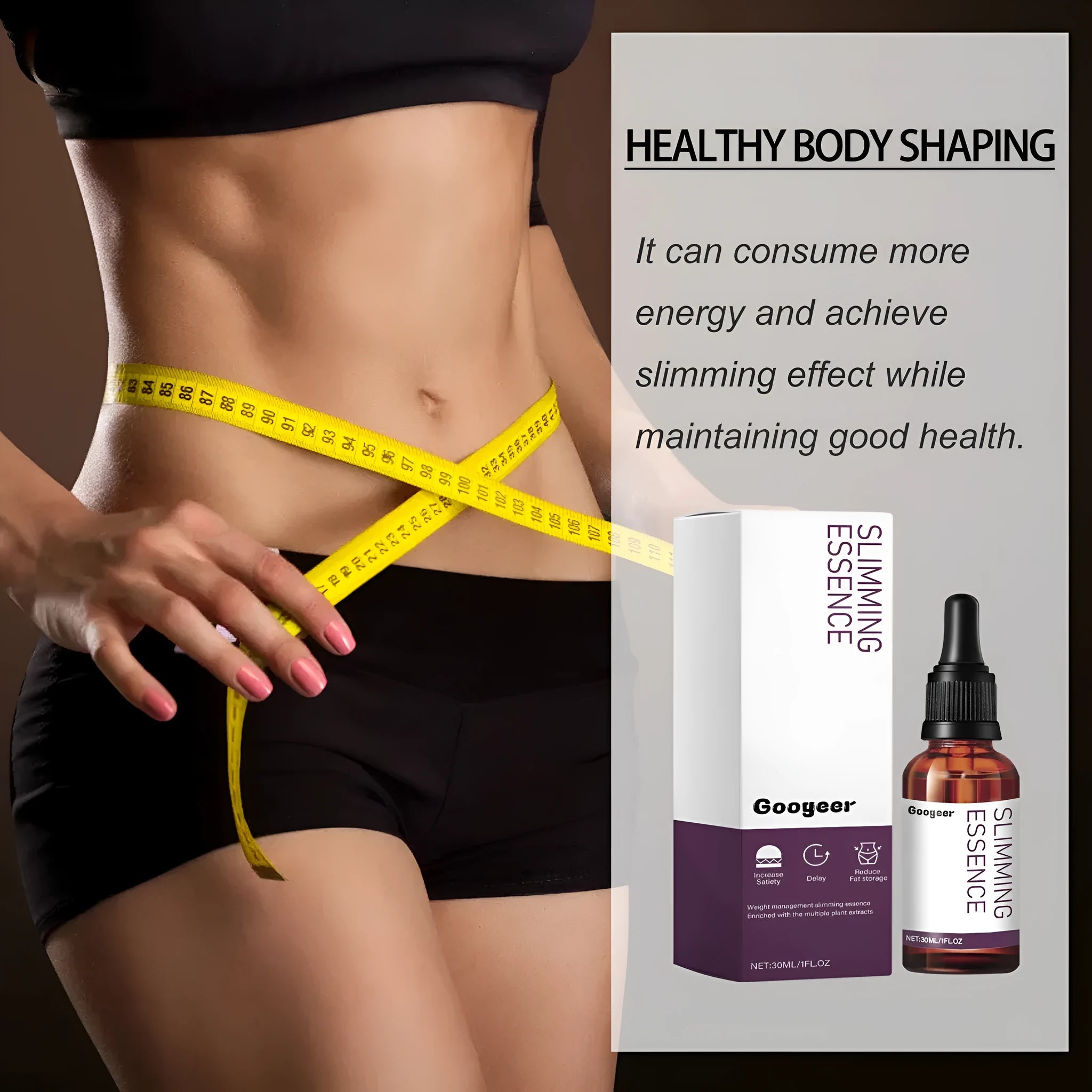 30ml bottle of body shaping drops cream for thighs, arms, and belly application.