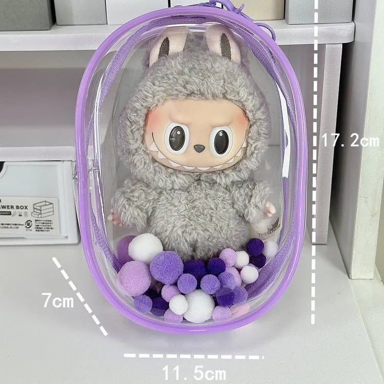 Transparent PVC cube storage bag with keychain for doll clothes and small items.
