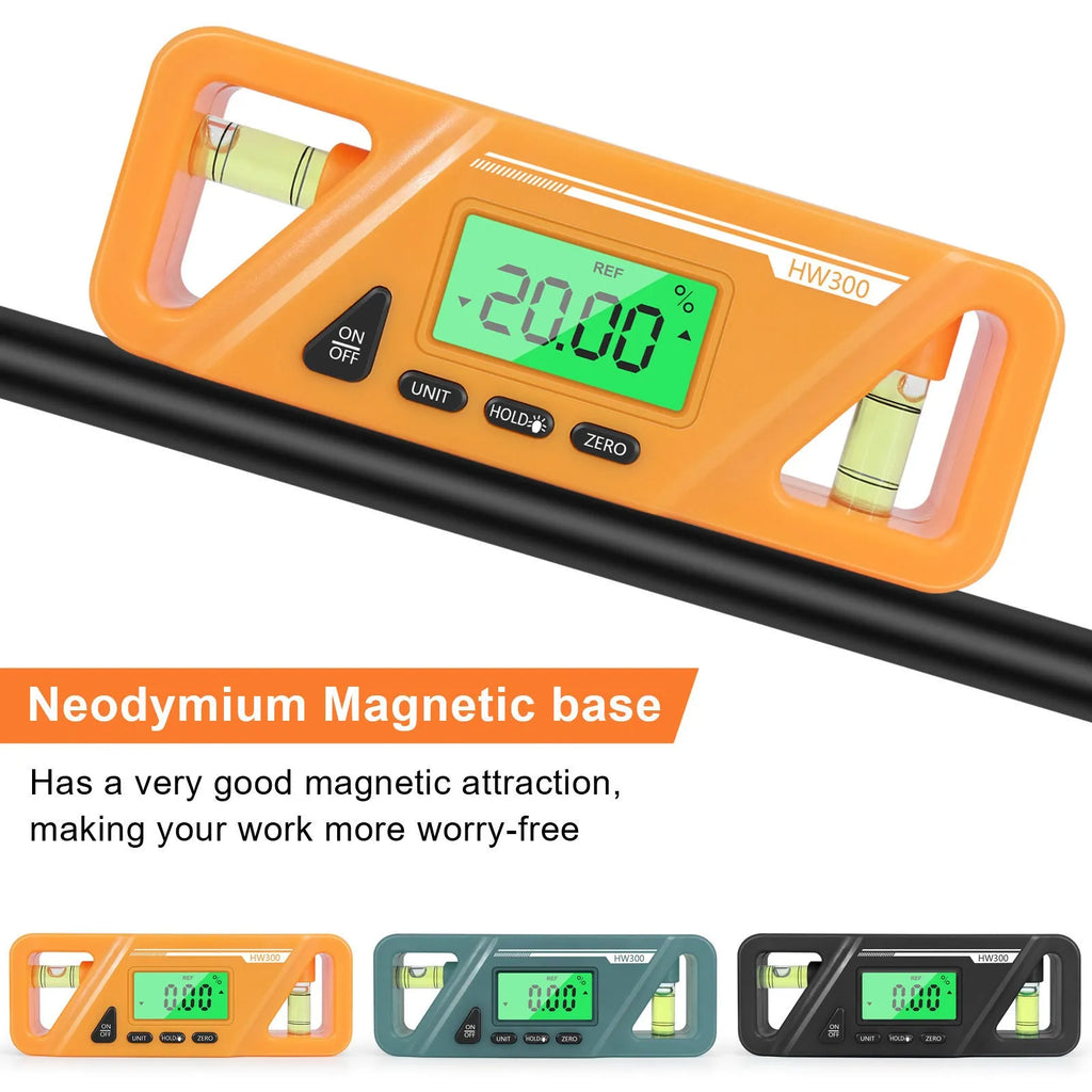 HW300 digital inclinometer level meter with magnetic base and LCD display showing angle measurement.