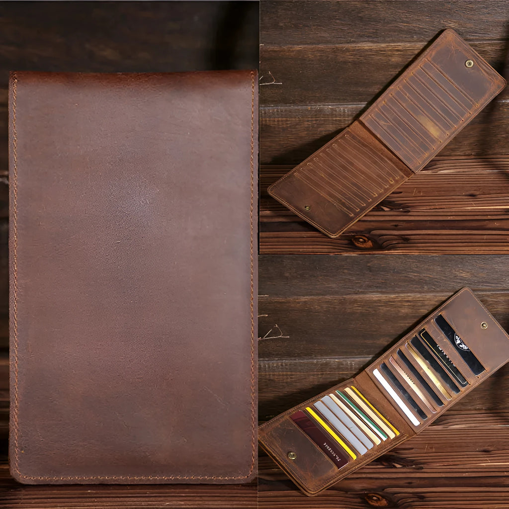 Slim brown cowhide men's wallet open to show 18 card slots and a phone compartment.