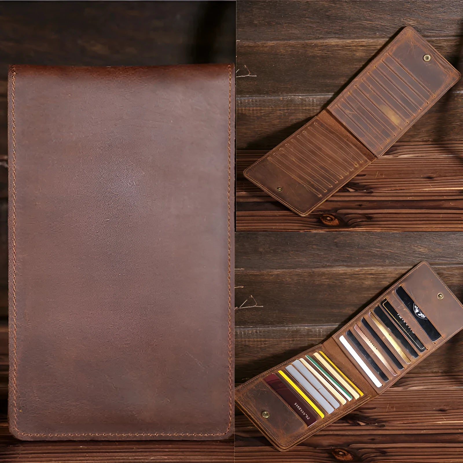 Slim brown cowhide men's wallet open to show 18 card slots and a phone compartment.