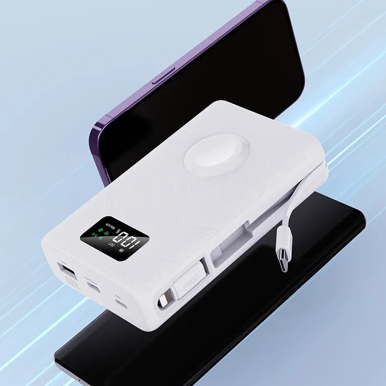 Black and white 20000mAh wireless power bank showing digital display screen and USB ports