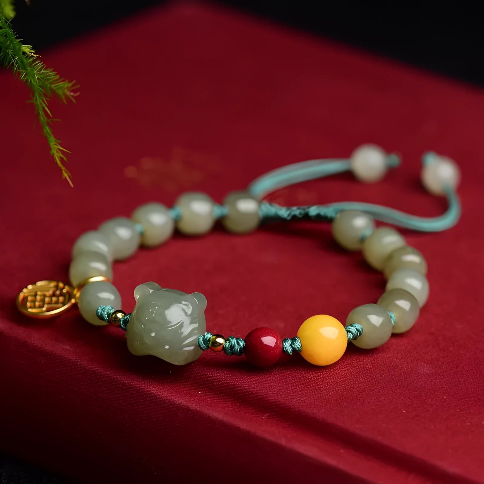 Natural Hetian jade bracelet with cinnabar and beeswax beads, animal zodiac modelling