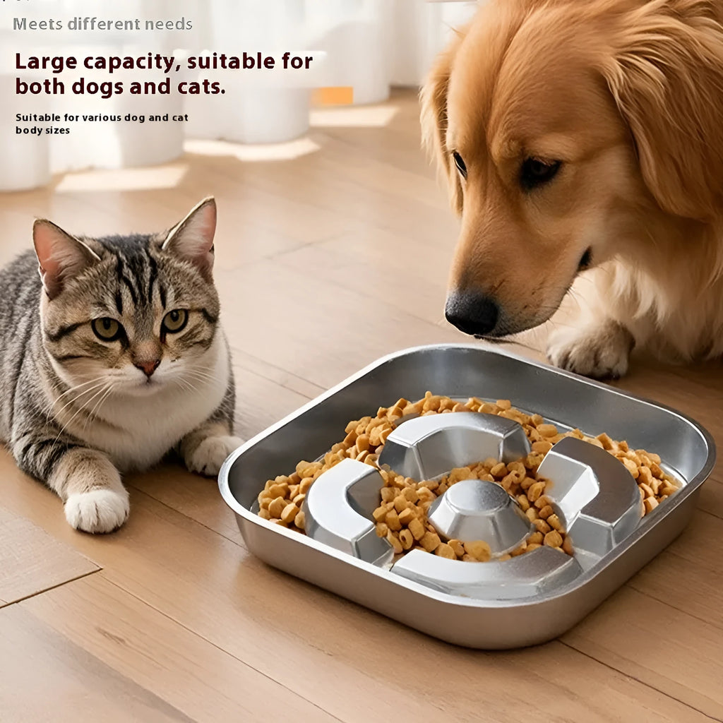 Square stainless steel slow feeding pet bowl in Bone Square and Square Model specifications for dogs and cats