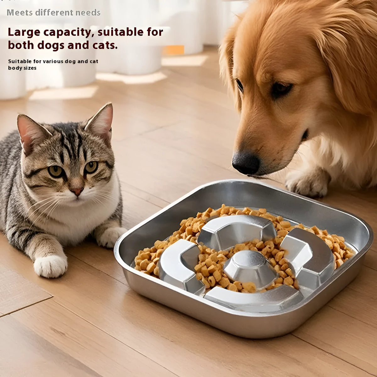 Square stainless steel slow feeding pet bowl in Bone Square and Square Model specifications for dogs and cats