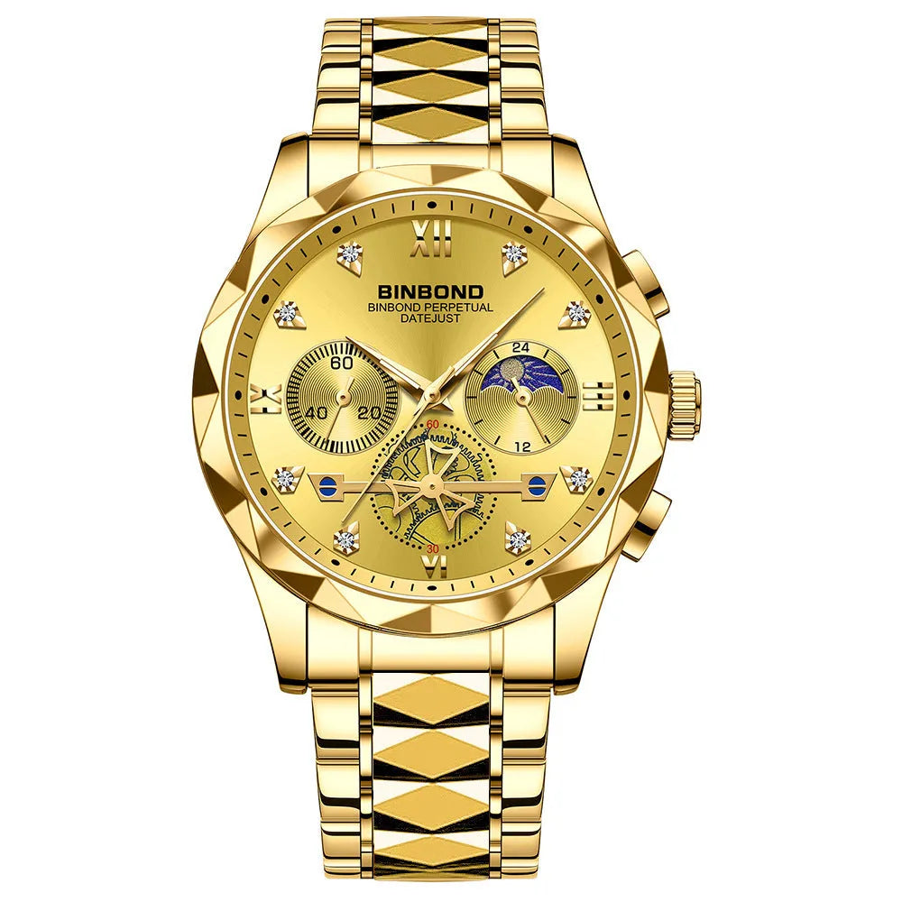 Men's casual quartz watch with round stainless steel case and strap, white dial, black bezel, 11mm thick