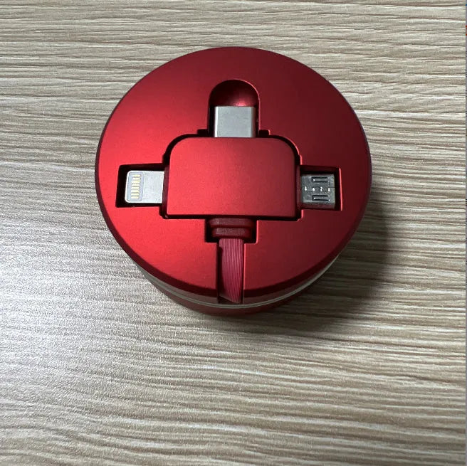 Three-in-one telescopic charging cable with Lightning, micro USB, and Type-C connectors in 100cm fireproof TPE, available in red, black, and white