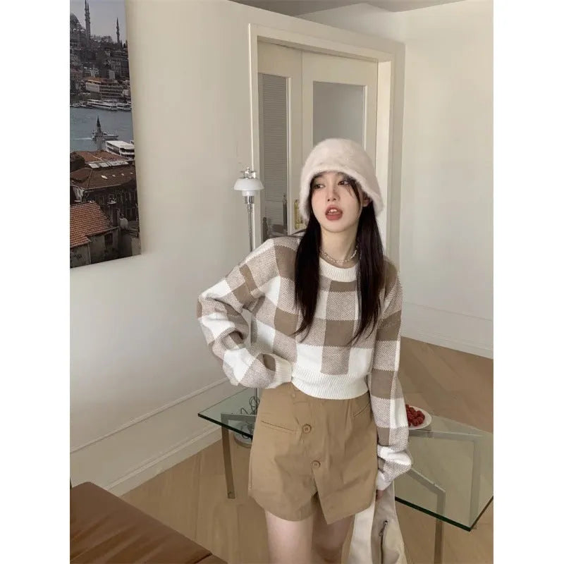 Women's plaid lattice short sweater pullover in black, blue, brown, sizes S-2XL, long sleeves, casual urban style