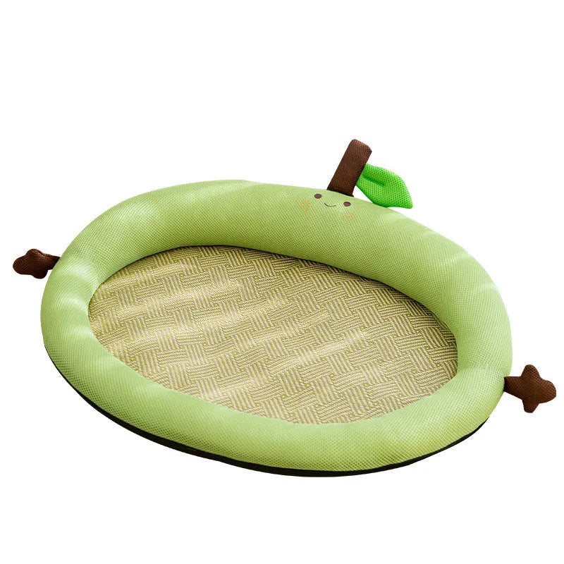 Green fruit-pattern pet cooling mat with backrest nest for dogs and cats in size L.