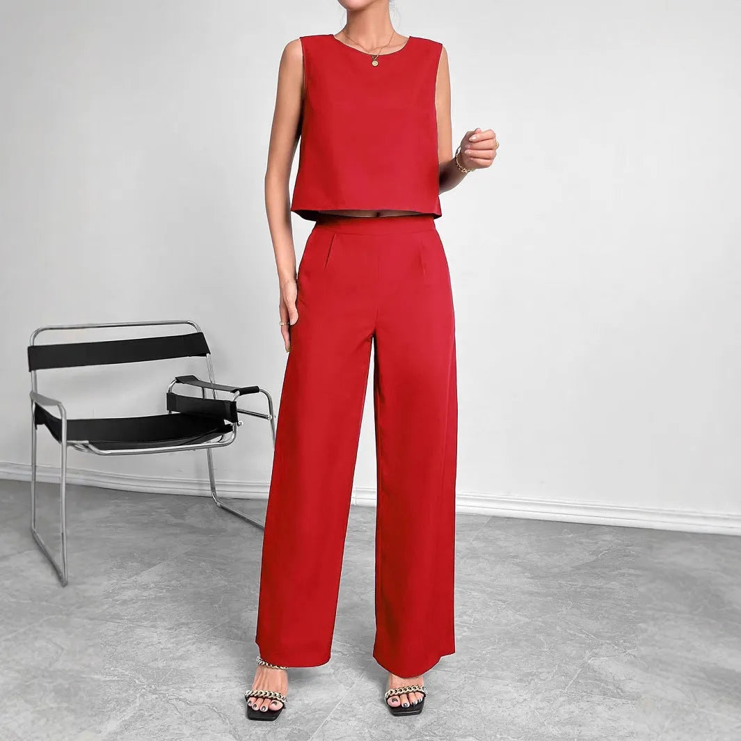 Women's red sleeveless top and wide leg pants two-piece casual set on a hanger.