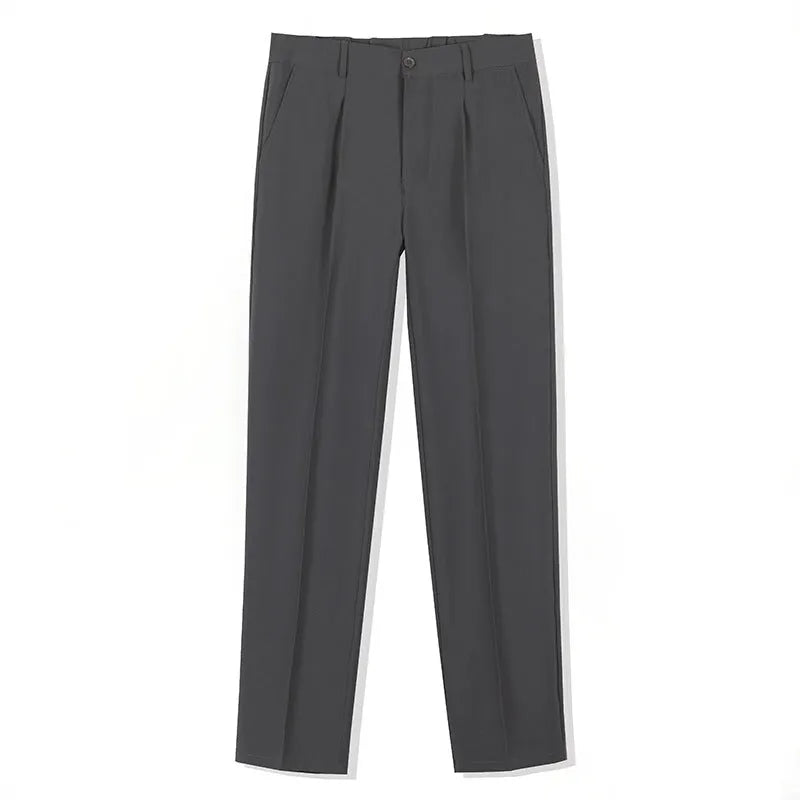 Men's straight-leg casual trousers in polyester, shown in black, dark grey, khaki and brown, sizes S to 4XL