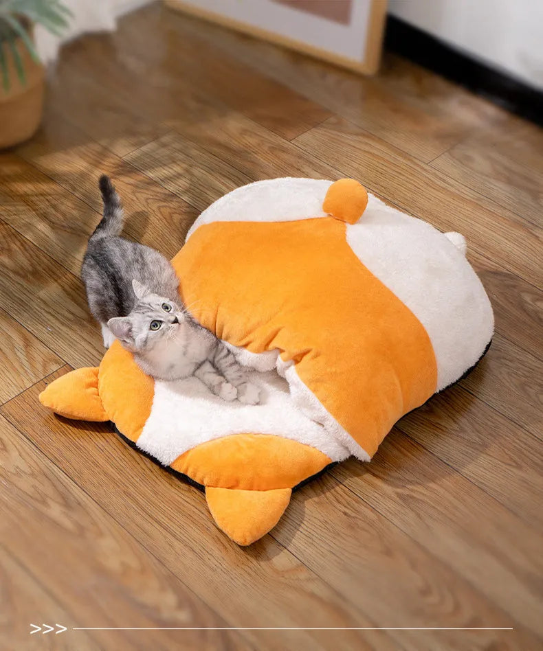 Orange semi-closed cat sleeping bag pet nest bed measuring 65cm by 53cm