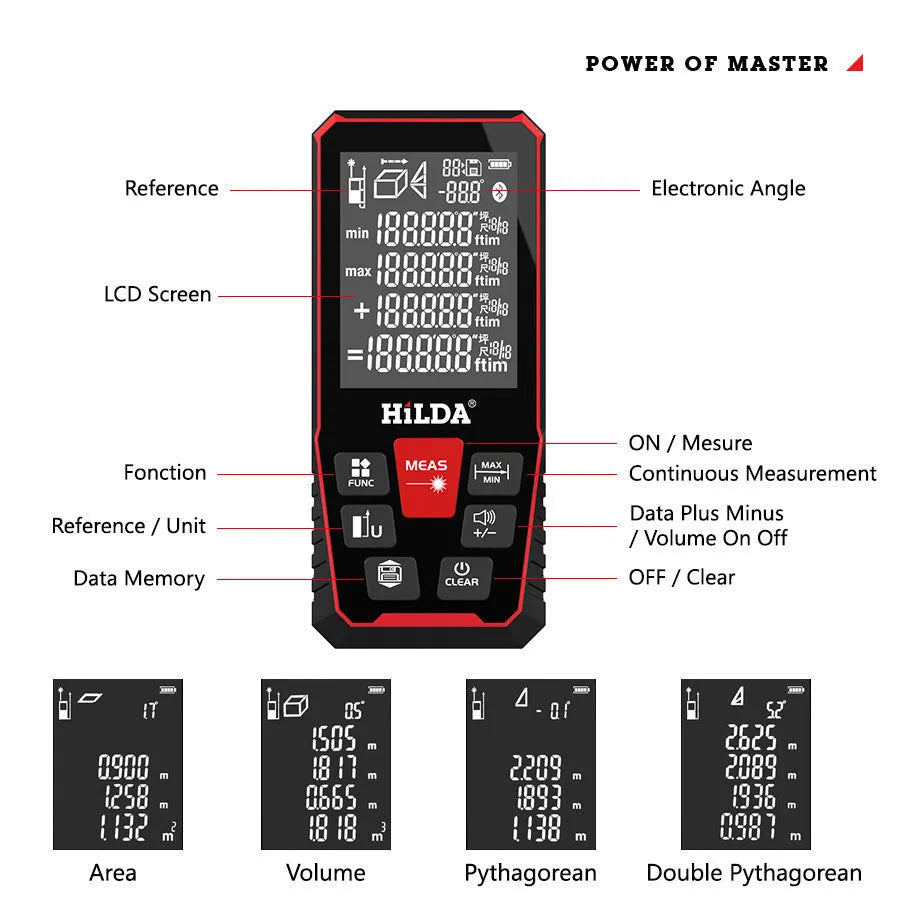 Handheld plastic laser rangefinder for distance measurement up to 100 or 120 metres.
