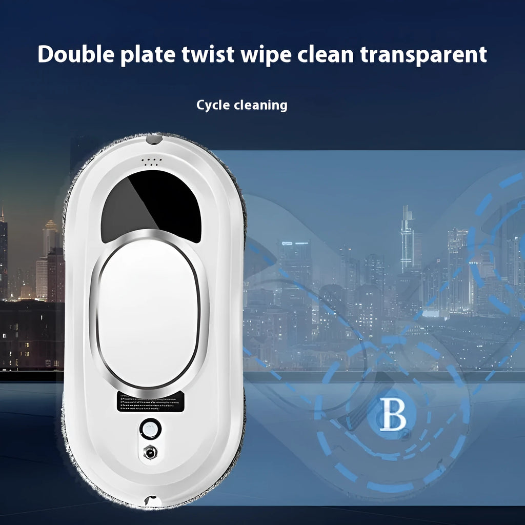 White full-automatic high-altitude window cleaning robot with remote control on a table.