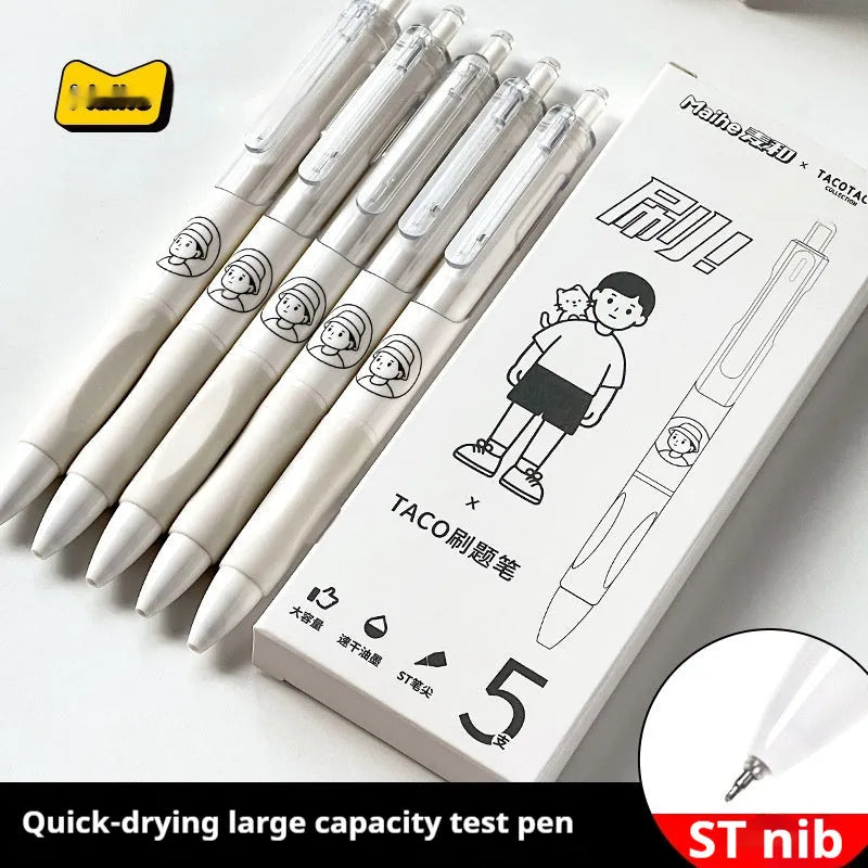 Set of five black and white ballpoint pens with 0.5mm fine tips laid side by side.