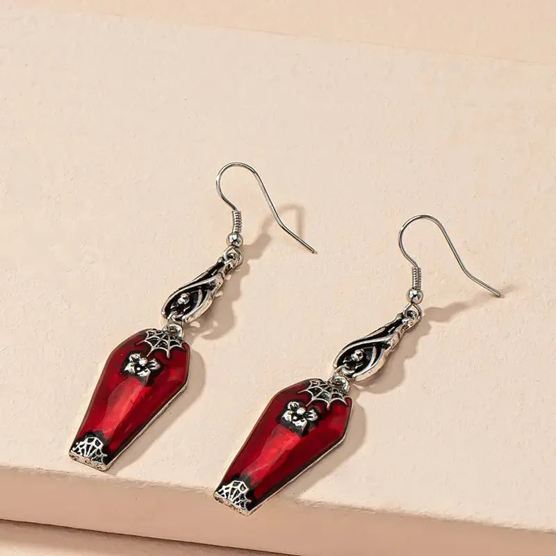 Red bat and spider retro drop earrings on alloy metal for Halloween