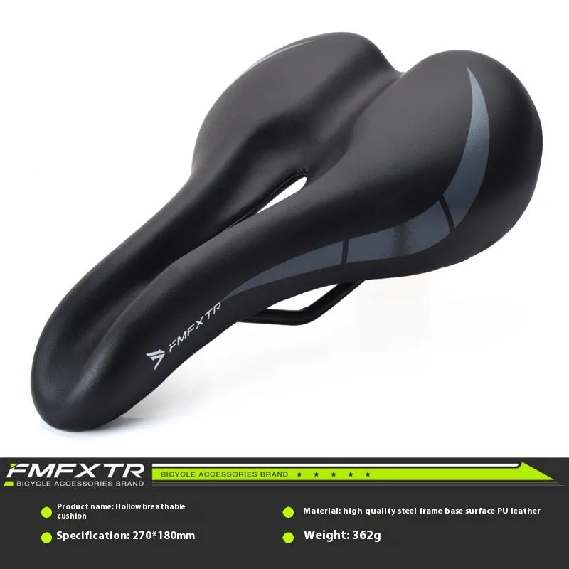 Breathable PU leather bicycle seat cushion with hollow design, dimensions 270mm by 180mm.