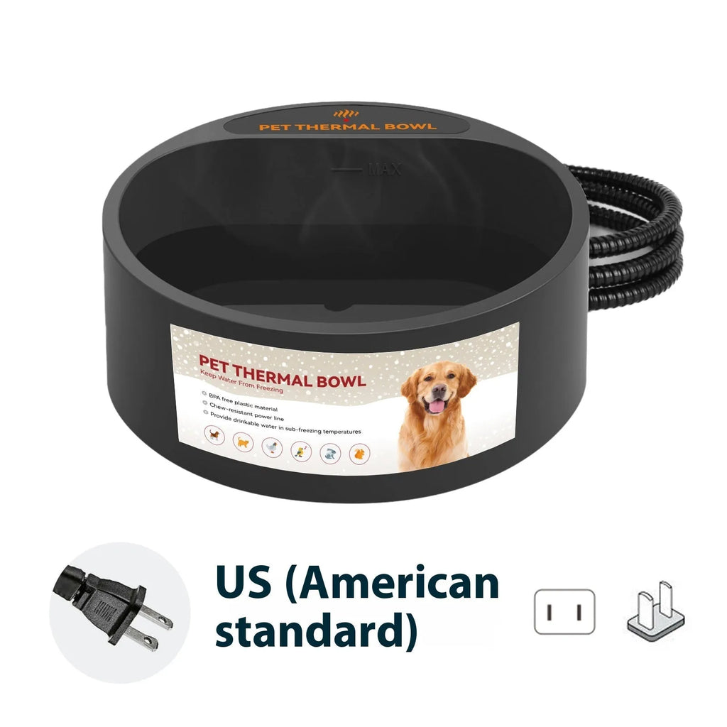 Black electric heated pet bowl for dogs and cats showing cord and 2.2-litre capacity.