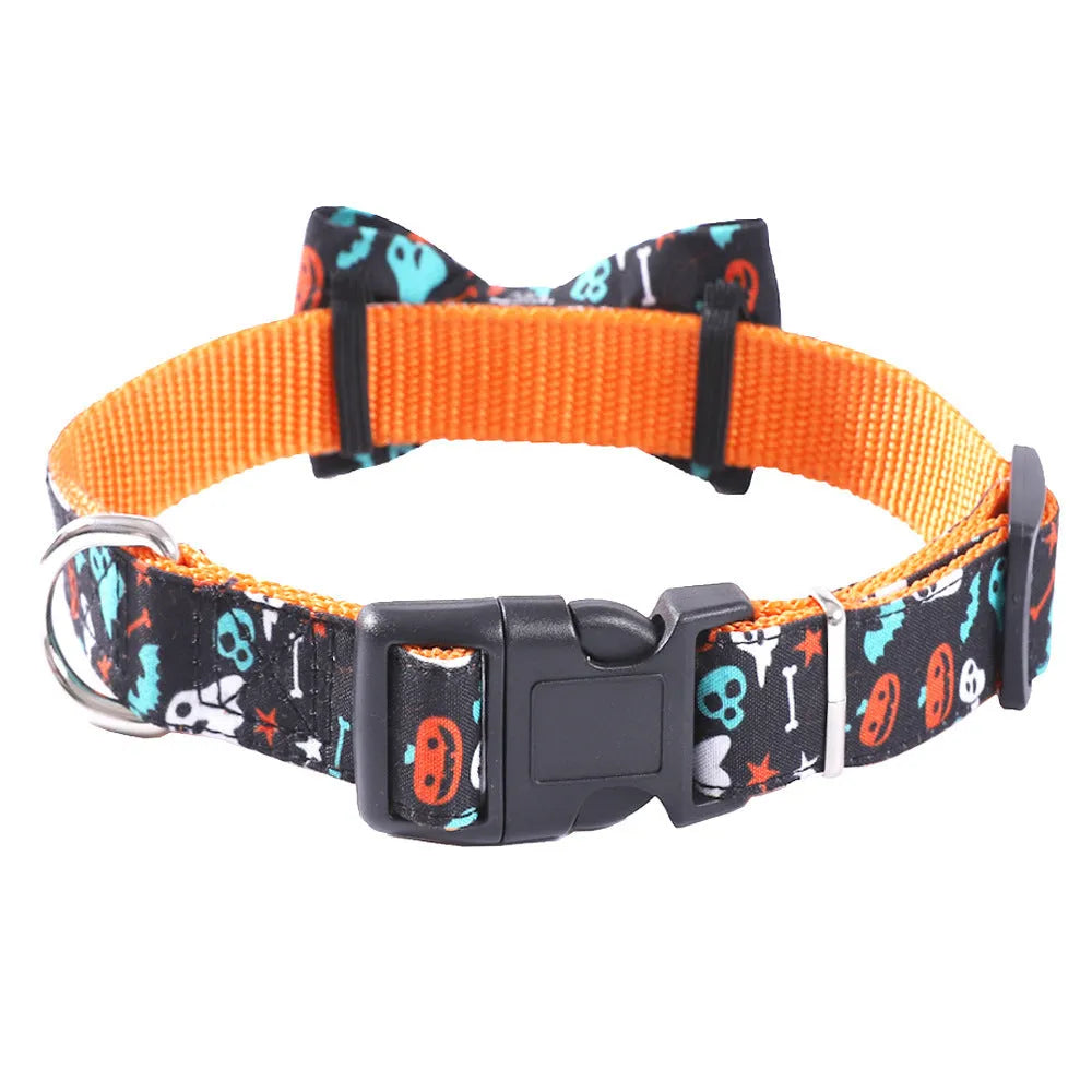 Geometric polyester cat collar in black ghost, yellow pumpkin, or black skull, sizes XS S M L