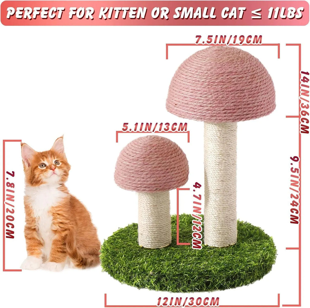 Pink mushroom-shaped cat scratching post with natural sisal caps and pole
