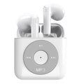 White wireless Bluetooth earphones with semi-in-ear design and a charging case.