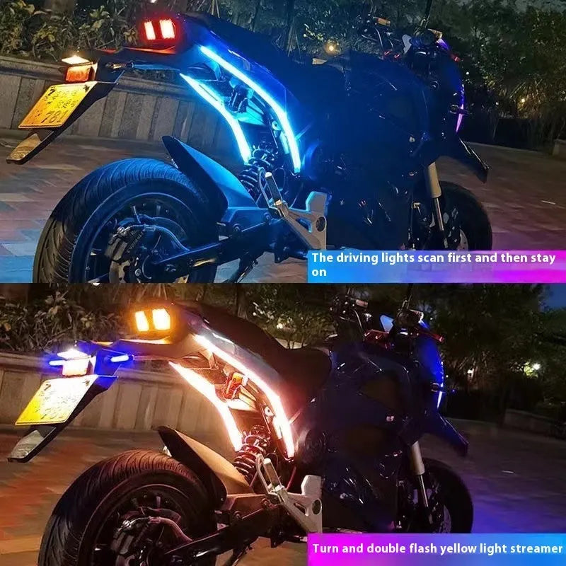 Motorcycle steering ambience light strip with running water colour-changing effect on handlebars
