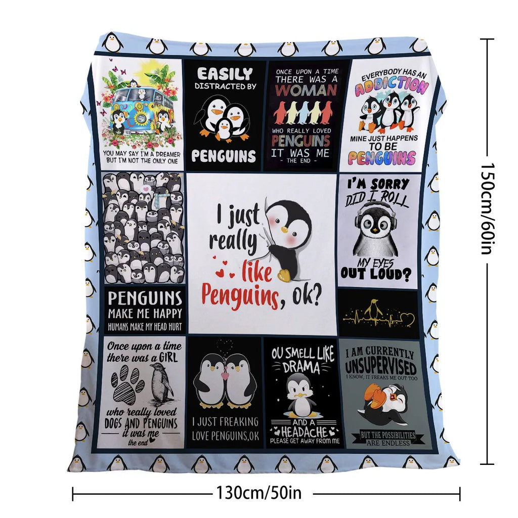 Multicoloured flannel throw blanket with penguin patterns, 130x150cm size on a sofa