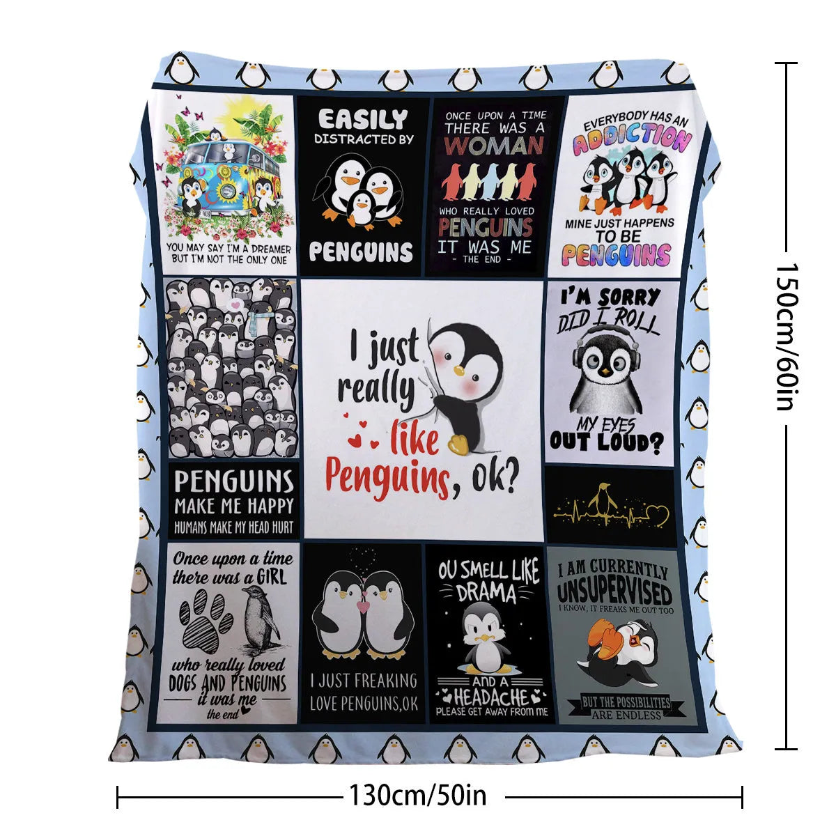 Multicoloured flannel throw blanket with penguin patterns, 130x150cm size on a sofa