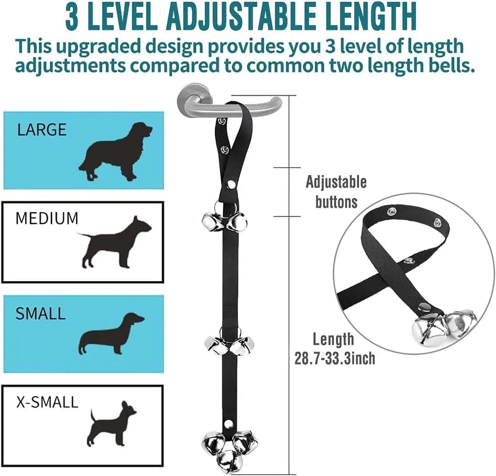 Dog training doorbell with seven silver metal bells on adjustable nylon strap