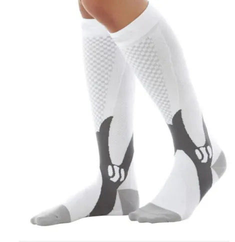 Graduated compression socks for men and women in black, shown in S/M, L/XL, and XXL sizes.