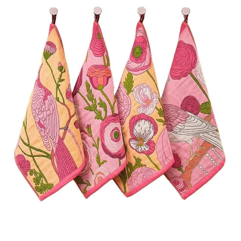 Class A pure cotton gauze square towel 40x34cm multipack with printed colour patterns on white background