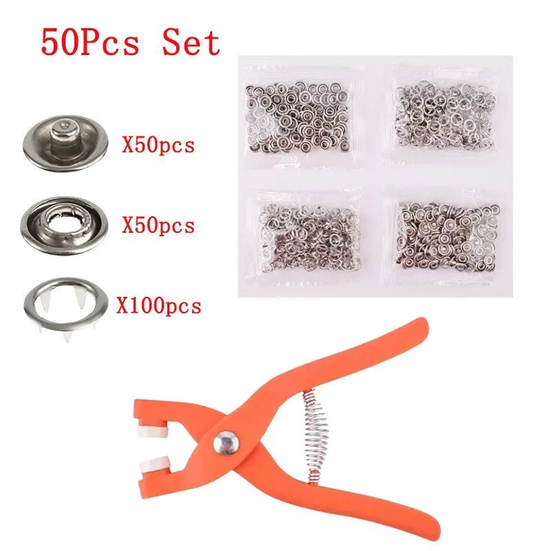 Five claw no sew button kit with stainless steel 9.5mm buttons and application pliers