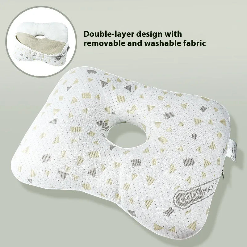 Beauty salon single hole ear pillow with detachable cover in grey, shown next to a towel.