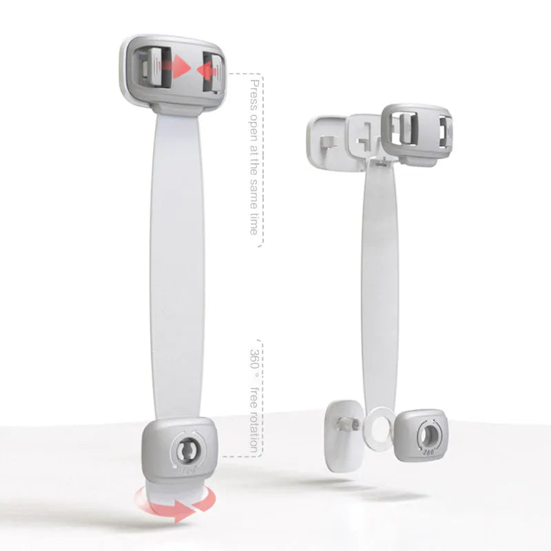 Adjustable grey child safety lock with strap for cabinets and drawers using 3M adhesive tape